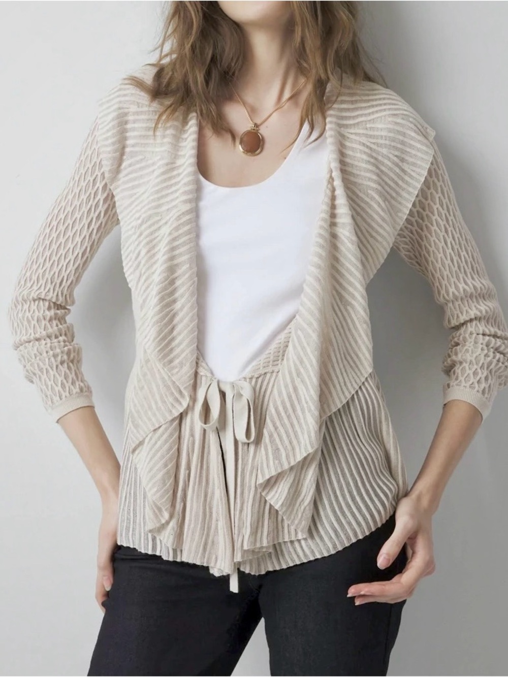 White House Black Market Beige Cascading Ruffle Cardigan Open Front Peplum M